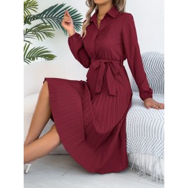 Spring Summer Elegant Solid Color Collared Long Sleeve Cinched Pleated Dress Women Clothing