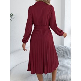 Spring Summer Elegant Solid Color Collared Long Sleeve Cinched Pleated Dress Women Clothing