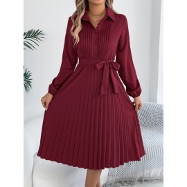 Spring Summer Elegant Solid Color Collared Long Sleeve Cinched Pleated Dress Women Clothing