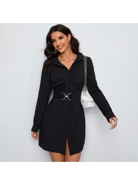 Autumn Casual Office Shirt Dress Single Breasted Black Long Sleeve Collared Dress