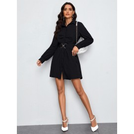 Autumn Casual Office Shirt Dress Single Breasted Black Long Sleeve Collared Dress