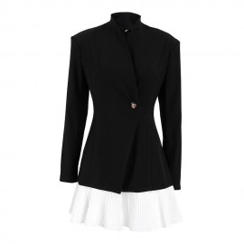 Women Retro Gentle Autumn Winter Design Color Contrast Patchwork Black Waist Controlled Long Sleeves