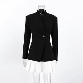Women Retro Gentle Autumn Winter Design Color Contrast Patchwork Black Waist Controlled Long Sleeves