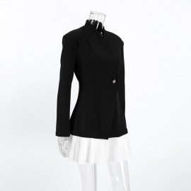 Women Retro Gentle Autumn Winter Design Color Contrast Patchwork Black Waist Controlled Long Sleeves