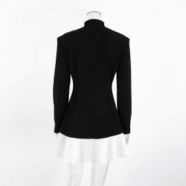 Women Retro Gentle Autumn Winter Design Color Contrast Patchwork Black Waist Controlled Long Sleeves