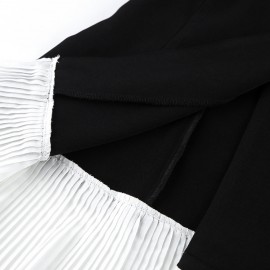 Women Retro Gentle Autumn Winter Design Color Contrast Patchwork Black Waist Controlled Long Sleeves