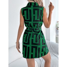 Women Clothing Spring Summer Printed Sleeveless Lace up Fitted Waist Shirt Dress