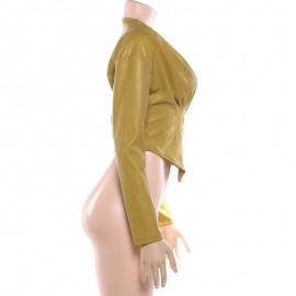 Autumn Winter Women Long Sleeve Zipper round Neck Faux Leather Solid Color Pleated Slim Short Coat