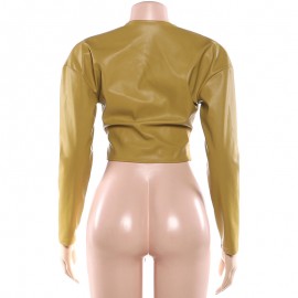 Autumn Winter Women Long Sleeve Zipper round Neck Faux Leather Solid Color Pleated Slim Short Coat