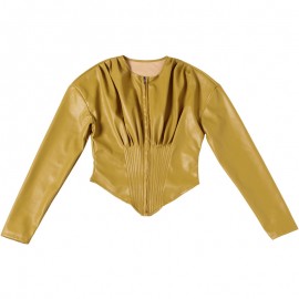 Autumn Winter Women Long Sleeve Zipper round Neck Faux Leather Solid Color Pleated Slim Short Coat