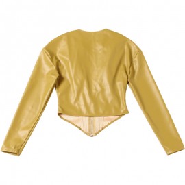 Autumn Winter Women Long Sleeve Zipper round Neck Faux Leather Solid Color Pleated Slim Short Coat
