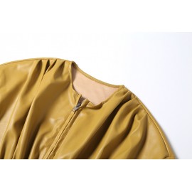 Autumn Winter Women Long Sleeve Zipper round Neck Faux Leather Solid Color Pleated Slim Short Coat