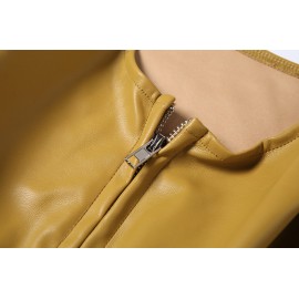 Autumn Winter Women Long Sleeve Zipper round Neck Faux Leather Solid Color Pleated Slim Short Coat