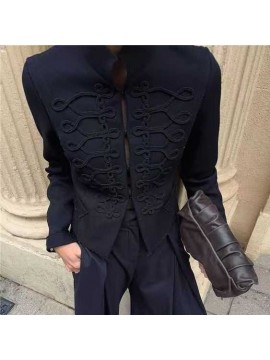 Women Clothing Summer Personalized Retro Stand Collar Buckle Short Chinese Coat
