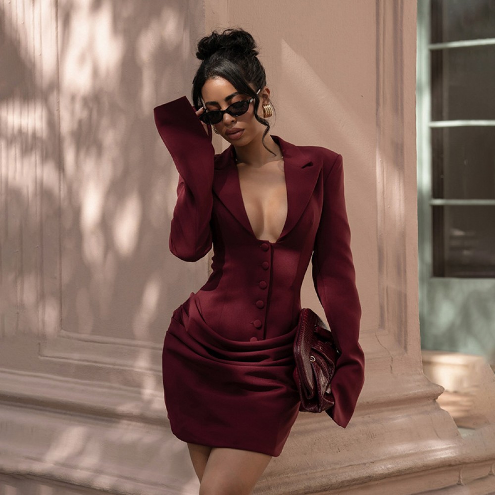 Women Clothing Autumn Winter Sexy Deep V Plunge neck Buttons Solid Color Blazers Sheath Dress