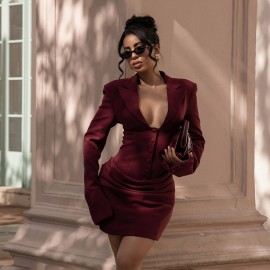 Women Clothing Autumn Winter Sexy Deep V Plunge neck Buttons Solid Color Blazers Sheath Dress
