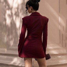 Women Clothing Autumn Winter Sexy Deep V Plunge neck Buttons Solid Color Blazers Sheath Dress