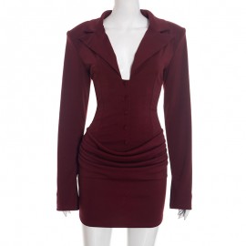 Women Clothing Autumn Winter Sexy Deep V Plunge neck Buttons Solid Color Blazers Sheath Dress