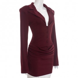 Women Clothing Autumn Winter Sexy Deep V Plunge neck Buttons Solid Color Blazers Sheath Dress