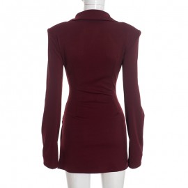 Women Clothing Autumn Winter Sexy Deep V Plunge neck Buttons Solid Color Blazers Sheath Dress