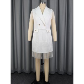 V neck Short Party Dress Double Breasted Waist-Tight Tassel Hem Office Dresses