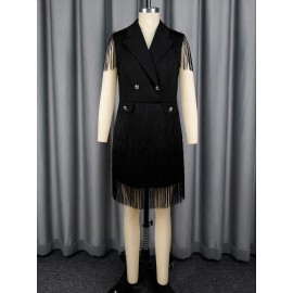 V neck Short Party Dress Double Breasted Waist-Tight Tassel Hem Office Dresses