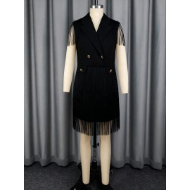 V neck Short Party Dress Double Breasted Waist-Tight Tassel Hem Office Dresses