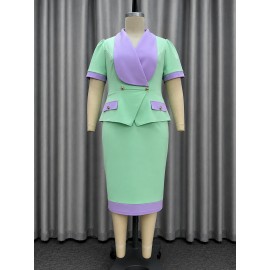 Tailored Collar Color Matching Short Sleeved One Step Dress Ruffled Slim Fit Sheath Office Dress