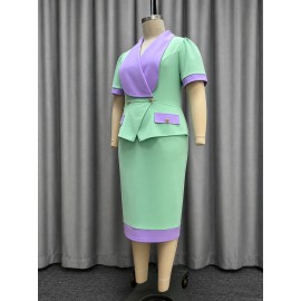 Tailored Collar Color Matching Short Sleeved One Step Dress Ruffled Slim Fit Sheath Office Dress