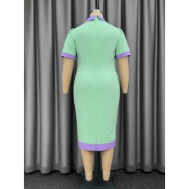 Tailored Collar Color Matching Short Sleeved One Step Dress Ruffled Slim Fit Sheath Office Dress