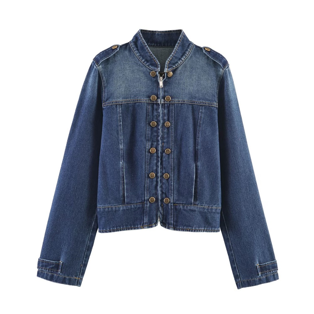 Women Clothing Top Denim Strap Breasted Jacket