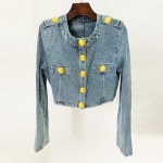 Round Neck Lion Buckle Ultra Short Wash Denim Jacket Coat
