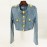 Round Neck Lion Buckle Ultra Short Wash Denim Jacket Coat