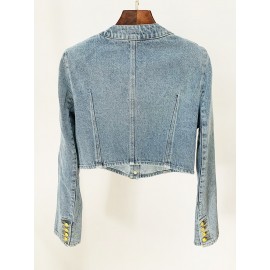 Round Neck Lion Buckle Ultra Short Wash Denim Jacket Coat