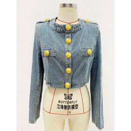 Round Neck Lion Buckle Ultra Short Wash Denim Jacket Coat