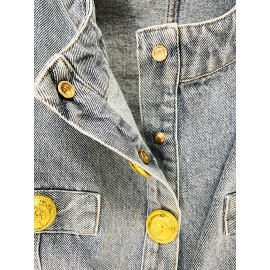 Round Neck Lion Buckle Ultra Short Wash Denim Jacket Coat