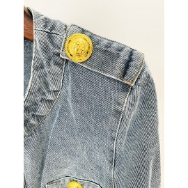 Round Neck Lion Buckle Ultra Short Wash Denim Jacket Coat