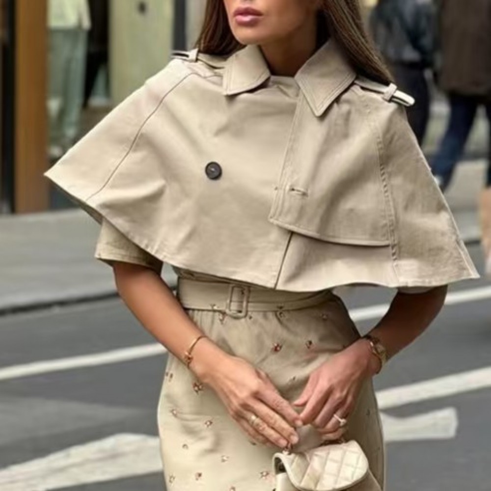 Women Clothing Summer Vintage Single Breasted Loose All Matching Collared Cape Short Coat