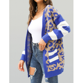 Women Clothes Mid Length Leopard Print Striped Sweater Coat Autumn Winter Series Knitted Cardigan Women