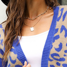 Women Clothes Mid Length Leopard Print Striped Sweater Coat Autumn Winter Series Knitted Cardigan Women