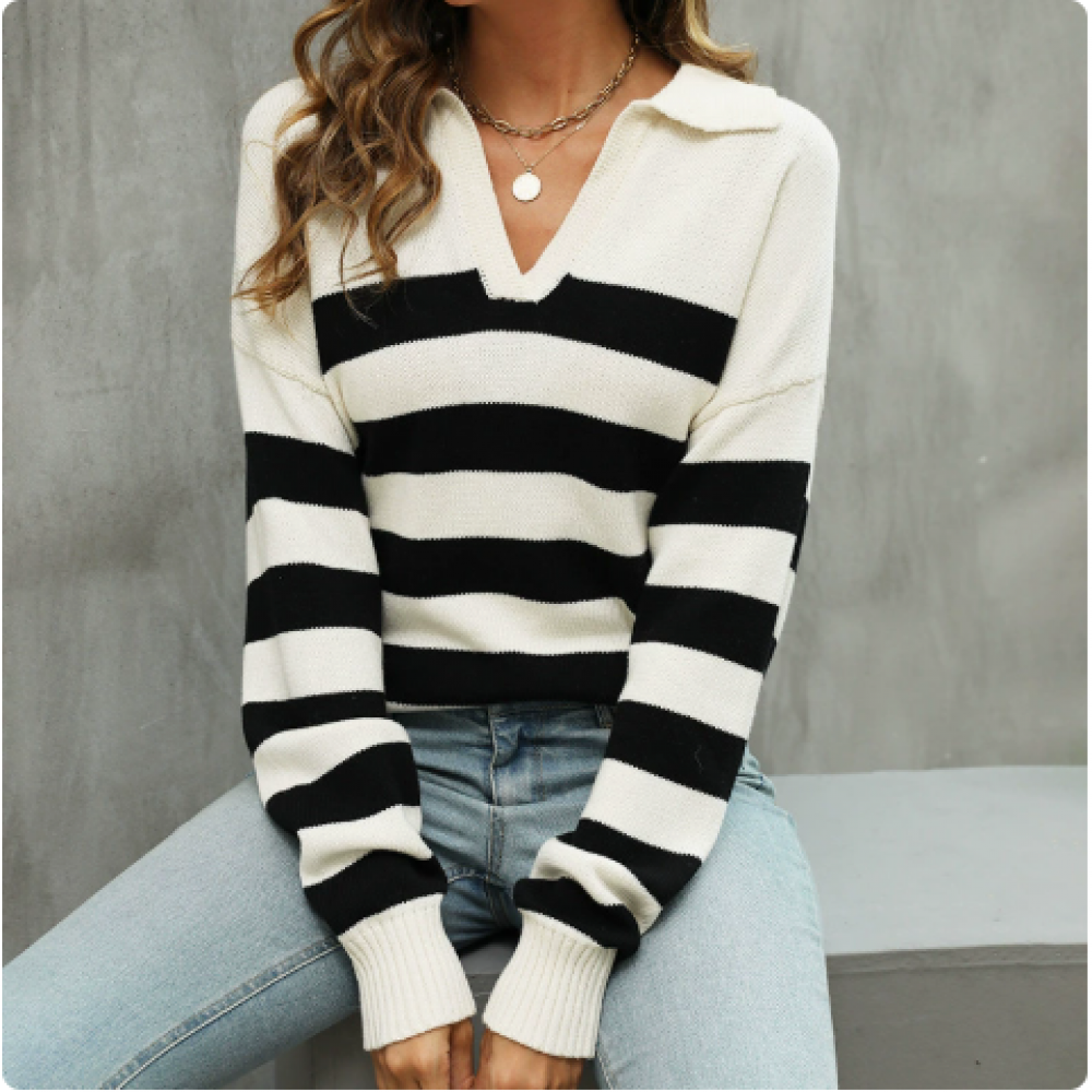 Autumn Winter Sweater Women Long Sleeve Polo Collar Sweater Loose Striped Contrast Color Knitted Top Women