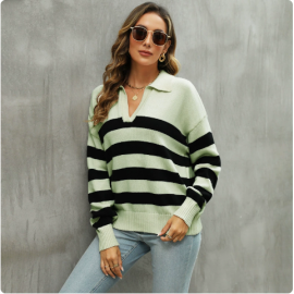 Autumn Winter Sweater Women Long Sleeve Polo Collar Sweater Loose Striped Contrast Color Knitted Top Women