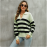 Autumn Winter Sweater Women Long Sleeve Polo Collar Sweater Loose Striped Contrast Color Knitted Top Women