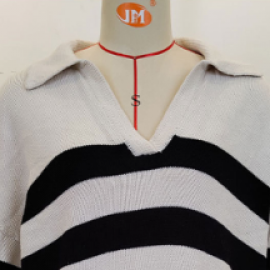 Autumn Winter Sweater Women Long Sleeve Polo Collar Sweater Loose Striped Contrast Color Knitted Top Women