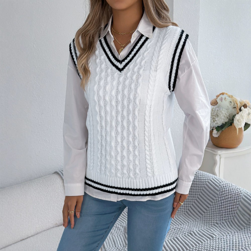 Autumn Winter College Contrast Color V neck Twist Sleeveless Vest Sweater Women Clothing