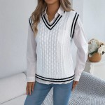Autumn Winter College Contrast Color V neck Twist Sleeveless Vest Sweater Women Clothing