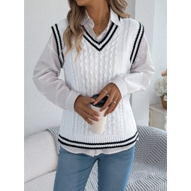 Autumn Winter College Contrast Color V neck Twist Sleeveless Vest Sweater Women Clothing