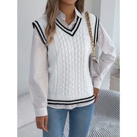 Autumn Winter College Contrast Color V neck Twist Sleeveless Vest Sweater Women Clothing