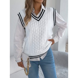 Autumn Winter College Contrast Color V neck Twist Sleeveless Vest Sweater Women Clothing