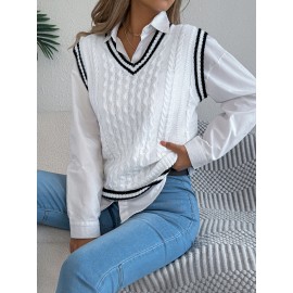 Autumn Winter College Contrast Color V neck Twist Sleeveless Vest Sweater Women Clothing